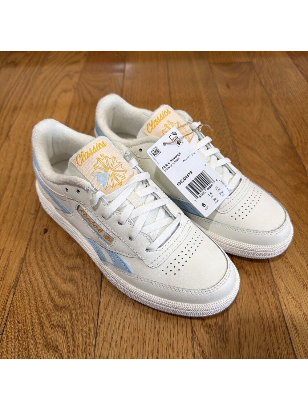 Size 6 US women’s Reebok Club C Revenge Sneakers White Light Blue Gold Leather